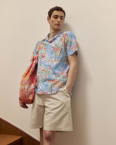 Regular fit short-sleeve shirt with a bowling collar, made from pure cotton with a print in shades of blue - Light blue | Giemme BrandsCorporate