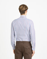 Camicia slim fit con collo francese in puro cotone a righe bianche, blu, azzurre e rosse - Azzurro | Giemme BrandsCorporate