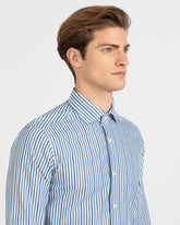 Camicia slim fit con collo francese in puro cotone a righe bianche, blu, azzurre e verdi - Verde | Giemme BrandsCorporate