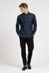 Camicia con collo francese in denim scuro di puro cotone lavato - Denim Scuro | Giemme BrandsCorporate