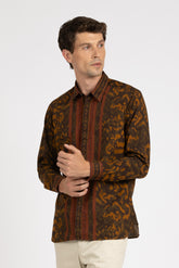 Camicia con collo italiano in popeline di cotone con esclusiva stampa sui toni del marrone - Marrone | Giemme BrandsCorporate