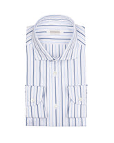 Camicia slim fit con collo francese in popeline di puro cotone bianco a righe blu - Azzurro | Giemme BrandsCorporate