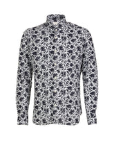 Camicia slim fit con collo francese in cotone misto lino con stampa foliage sui toni del blu - Blu | Giemme BrandsCorporate