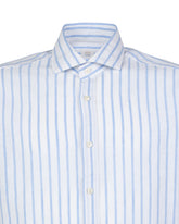 Camicia regular fit con collo francese in cotone e lino bianco a righe azzurre - Azzurro | Giemme BrandsCorporate