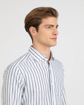Regular fit shirt with french collar in white linen and cotton with blue stripes - Blue | Giemme BrandsCorporate