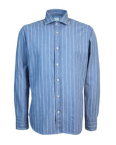 Regular fit French collar shirt in pure cotton denim with white stripes - Denim | Giemme BrandsCorporate