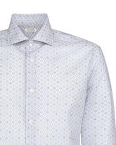 Camicia regular fit con collo francese in cotone elasticizzato bianco con esclusiva fantasia geometrica sui toni del blu - Blu | Giemme BrandsCorporate