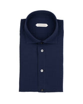 Regular fit shirt with French collar and polo closure in fil-à-fil blue elasticized cotton seersucker - Blue | Giemme BrandsCorporate