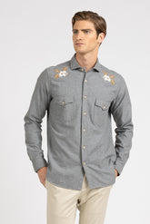 Camicia con collo francese in flanella di puro cotone grigia e ricami in lana - Grigio | Giemme BrandsCorporate