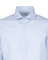 Camicia Wash and Wear slim fit con collo francese in puro cotone bianco a righe azzurre - Azzurro | Giemme BrandsCorporate