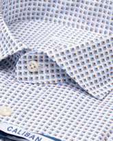 Slim fit shirt with french collar in pure white cotton with an exclusive light blue and brown geometric pattern - Brown | Giemme BrandsCorporate