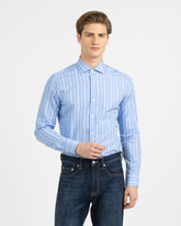 Camicia slim fit con collo francese in puro cotone azzurro a righe bianche - Azzurro | Giemme BrandsCorporate