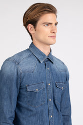 Camicia con collo italiano in denim chiaro di puro cotone lavato - Denim Chiaro | Giemme BrandsCorporate