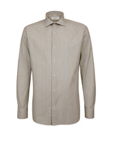 Regular fit french collar shirt in hazelnut cotton and silk with light blue stripes - Hazelnut | Giemme BrandsCorporate