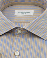 Regular fit french collar shirt in hazelnut cotton and silk with light blue stripes - Hazelnut | Giemme BrandsCorporate