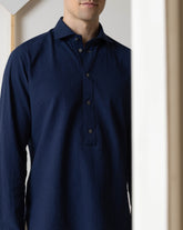 Regular fit shirt with French collar and polo closure in fil-à-fil blue elasticized cotton seersucker - Blue | Giemme BrandsCorporate