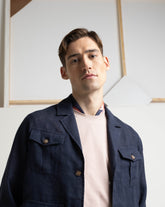 Over jacket con collo a giacca e quattro tasche in lino blu - Blu | Giemme BrandsCorporate