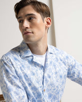 Over jacket with bowling collar in pure cotton with a floral pattern in shades of blue - Light blue | Giemme BrandsCorporate