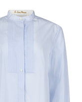 Boxy fit tailored shirt with mandarin collar and bib in blue pure cotton with white stripes -