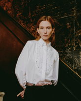 Regular fit shirt with double bib in white pure cotton poplin and rhinestones - White | Giemme BrandsCorporate