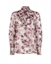 Regular fit shirt with scarf and ruffles in pure viscose with exclusive burgundy foliage print - Woman collection | Giemme BrandsCorporate