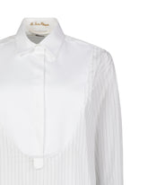 Camicia sartoriale boxy fit con pettorina in contrasto in puro cotone bianco a righe grigie -