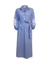 Regular-Fit-Kleid mit Taillengürtel und Stickerei am Ärmel aus elastischer Baumwolle in Blau mit weißen Streifen - Caliban Damen - New in | Giemme BrandsCorporate