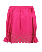 Boxy-Fit-Bluse mit Bootsausschnitt aus elastischer Baumwolle in Fuchsia mit San-Gallo-Stickerei - Caliban Damen - New in | Giemme BrandsCorporate
