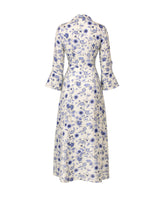 Regular-Fit-Kleid mit V-Ausschnitt und ausgestelltem Rock aus reiner Seide mit exklusivem Blumenprint in Weiß und Blau - Blau | Giemme BrandsCorporate