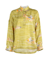 Oversized shirt with mandarin collar in pure silk featuring an exclusive green print - Green | Giemme BrandsCorporate