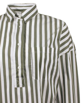 Overfit shirt with polo neck and a patch pocket made of white stretch cotton with green stripes - Green | Giemme BrandsCorporate