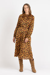 Langes Kleid mit Stehkragen aus Stretch-Seidensatin mit exklusivem Druck in Orangetönen - Orangefarben | Giemme BrandsCorporate