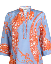 Damenkleid im Kaftan-Stil aus Seide und Baumwolle mit exklusivem Paisley-Druck in Blau- und Azurstufen - Hellblau | Giemme BrandsCorporate
