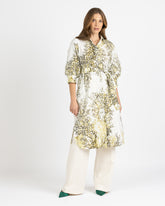 White cotton regular fit dress with balloon sleeve and exclusive print in green tones
 - Green | Giemme BrandsCorporate