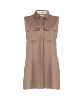 Ärmellose Regular-Fit-Bluse mit doppelter Tasche aus reinem braunem Leinen - Braun | Giemme BrandsCorporate