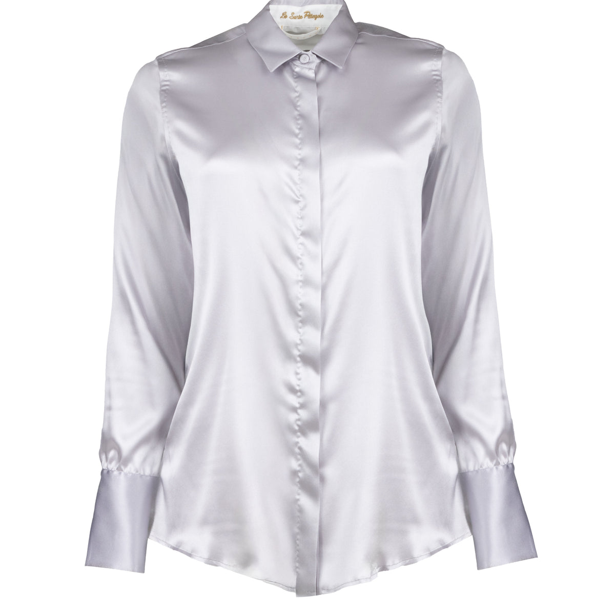 Camicia slim fit con collo aperto in raso di seta elasticizzata grigio