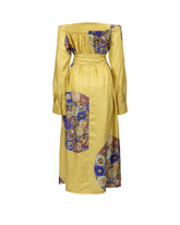 Abito lungo regular fit con scollo a barchetta in pura seta con inserto in fantasia - Giallo | Giemme BrandsCorporate