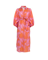 Kleid mit Taillengürtel, hergestellt aus reinem Baumwollstoff mit exklusivem Druck in Orange- und Rosatönen - Orangefarben | Giemme BrandsCorporate