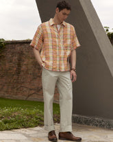 Over-Fit-Hemd mit halben Ärmeln aus elastischem Baumwoll-Leinen-Mix in orangefarbenem Karomuster - Orangefarben | Giemme BrandsCorporate