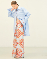 Gonna regular fit a portafoglio in cotone elasticizzato azzurro con esclusiva stampa sui toni dell'arancione - Azzurro | Giemme BrandsCorporate