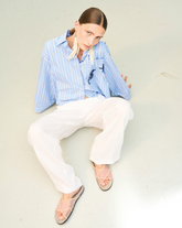 Camicia boxy fit con tasca e ricami applicati in puro cotone azzurro a righe bianche e blu - Azzurro | Giemme BrandsCorporate