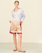 Overfit polo shirt with wide collar and appliqués made of pure cotton poplin with blue stripes - Blue | Giemme BrandsCorporate