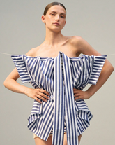 Over-Fit-Einheitsgröße-Hemd mit Stehkragen und aufgenähter Schärpe aus weißem, reinem Baumwollstoff mit blauen Streifen - Blau | Giemme BrandsCorporate