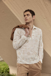 Regular fit shirt with Italian collar in white cotton muslin with beige embroidery - Beige | Giemme BrandsCorporate