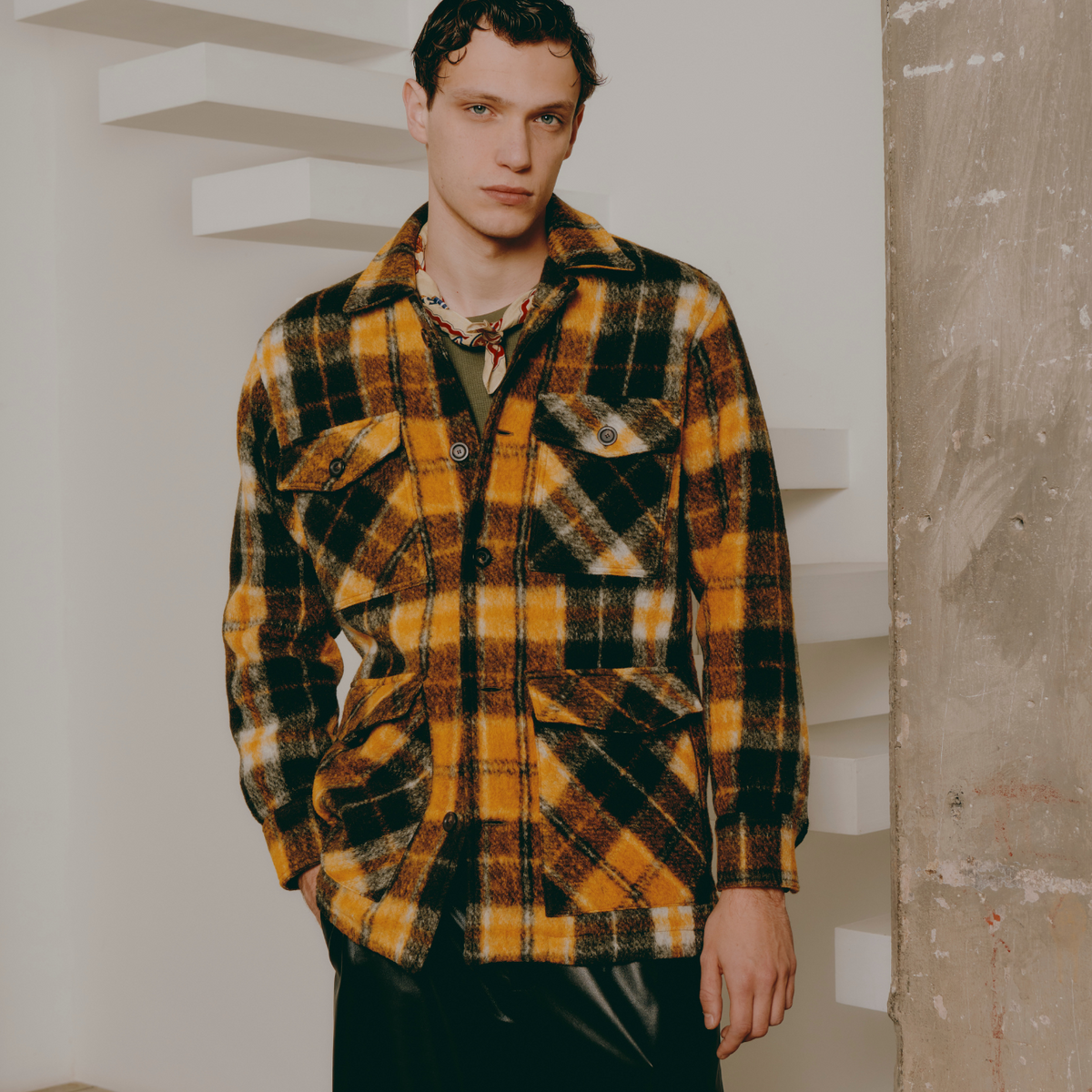 Yellow check exclusive bouclé wool coat