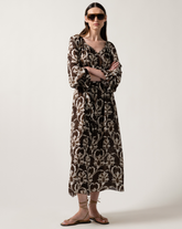 Overfit long dress in pure viscose with an exclusive brown floral print - Brown | Giemme BrandsCorporate