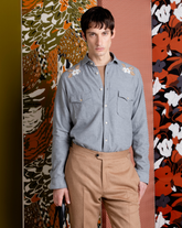 Grey pure cotton flannel shirt with french collar and wool embroidery - Grey | Giemme BrandsCorporate