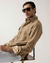 Overshirt regular fit con collo italiano in puro lino marrone - Nocciola | Giemme BrandsCorporate