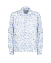 Over jacket with bowling collar in pure cotton with a floral pattern in shades of blue - Light blue | Giemme BrandsCorporate
