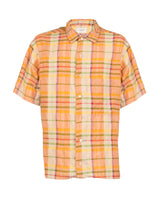Camicia over fit a mezza manica in cotone elasticizzato misto lino a quadri arancioni - Arancione | Giemme BrandsCorporate